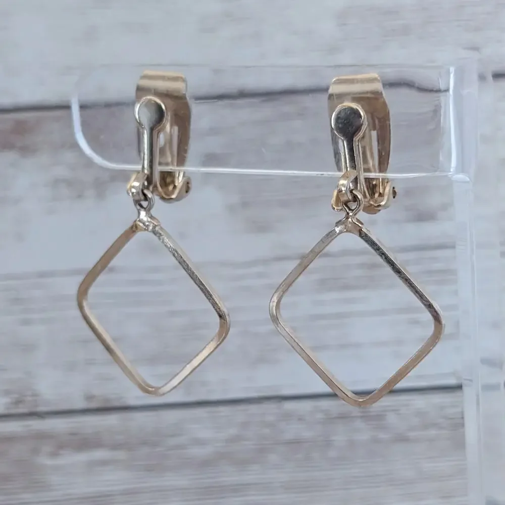 Vintage Clip On Earrings Rounded Square Gold Tone Dangle